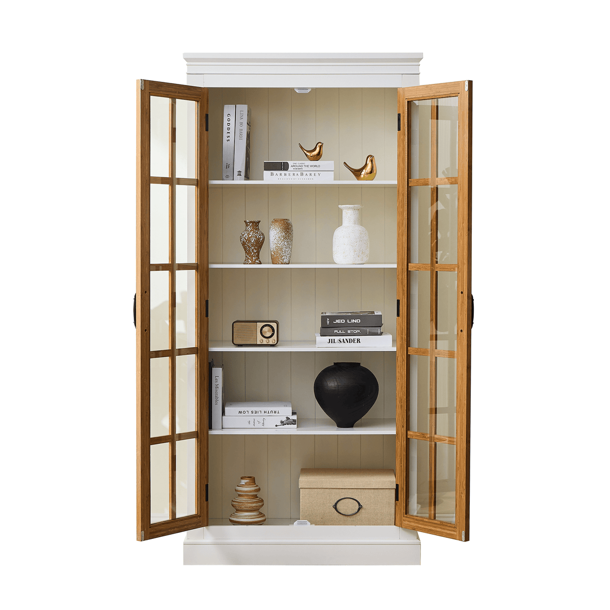 Anthony & Home rustic bamboo display cabinet with glass doors, showcasing a natural wood finish and elegant storage space.