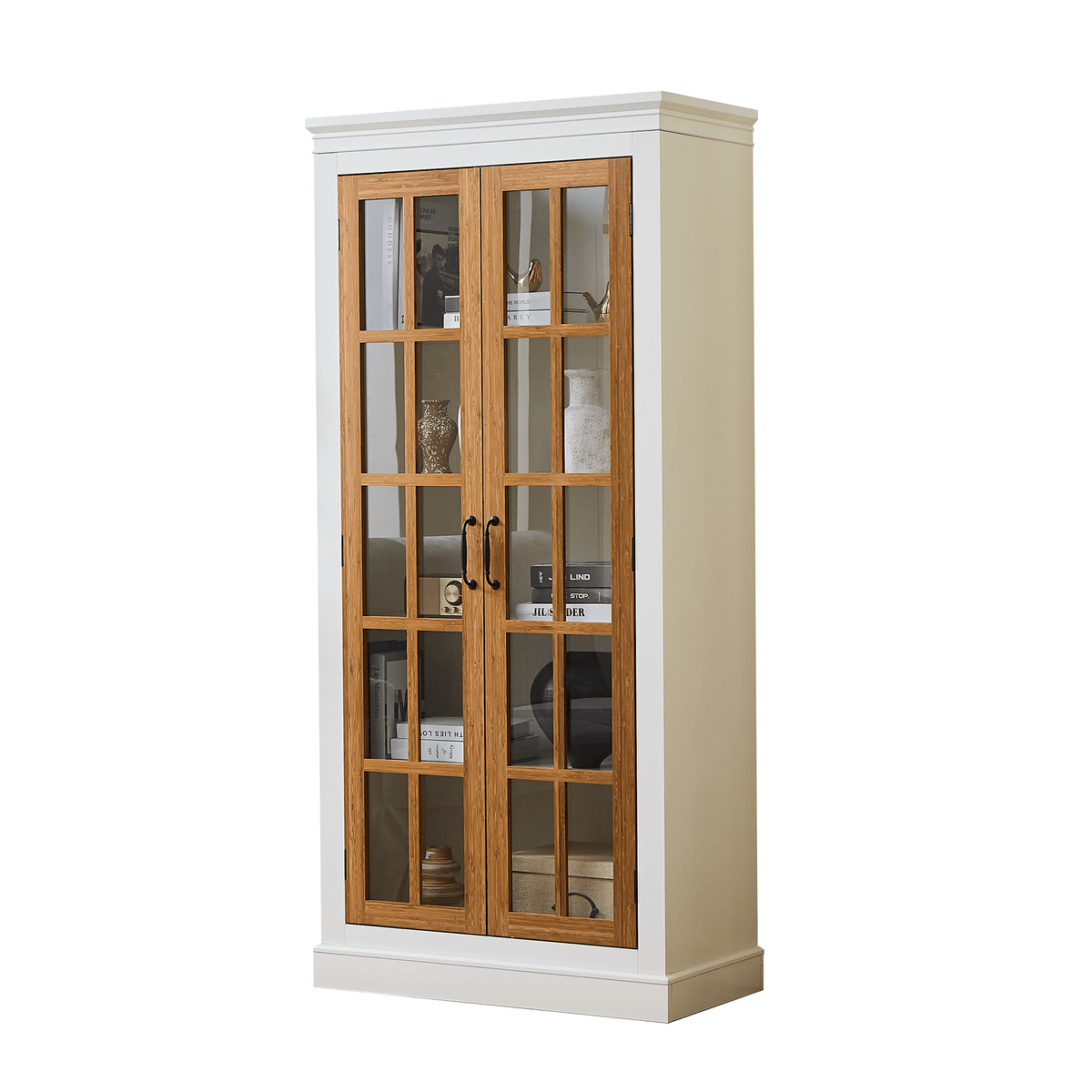 Anthony & Home rustic bamboo display cabinet with glass doors, showcasing a stylish and functional storage piece.