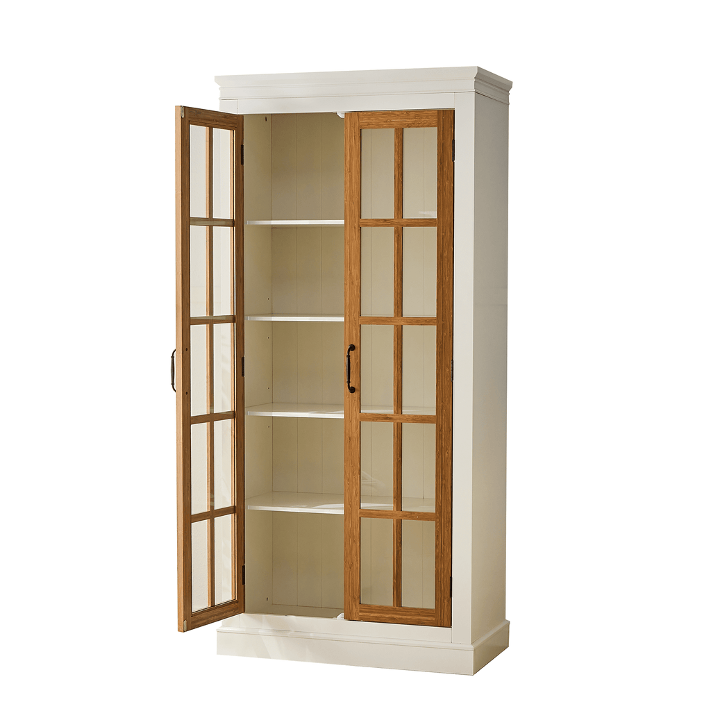 Anthony & Home rustic bamboo display cabinet with glass doors, showcasing a natural wood finish and elegant storage space.