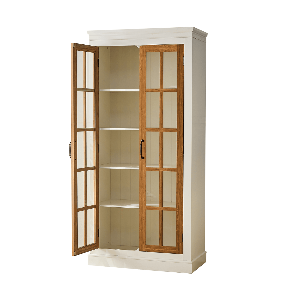 Anthony & Home rustic bamboo display cabinet with glass doors, showcasing a natural wood finish and elegant storage space.