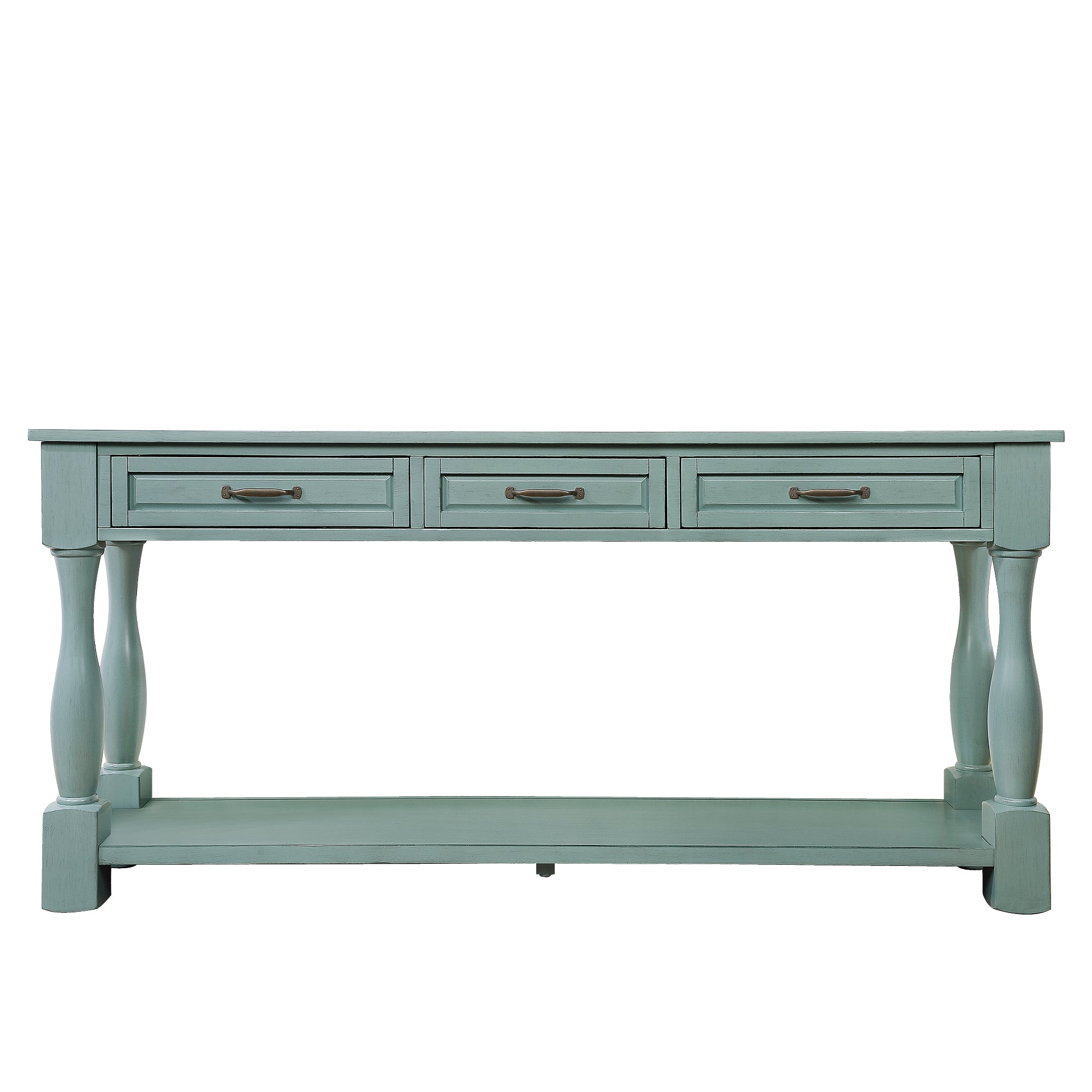 Anthony & Home Atelier solid walnut console table with 3 drawers, shelf, and retro blue finish, 63-inch size, easy to assemble.