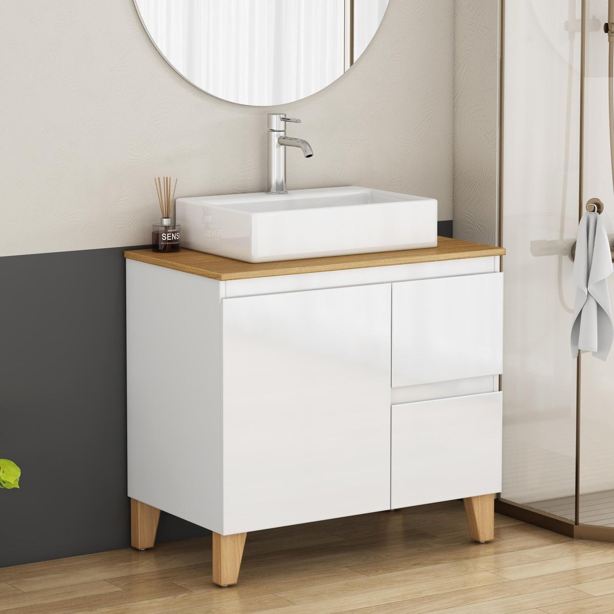 Anthony & Home Atelier solid wood bathroom vanity with sleek countertop and modern design, showcasing storage drawers and contemporary style.
