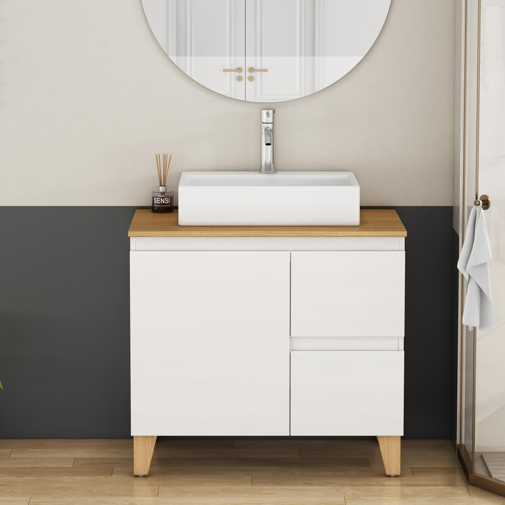 Anthony & Home Atelier solid wood bathroom vanity with double sinks, modern design, and natural wood finish.