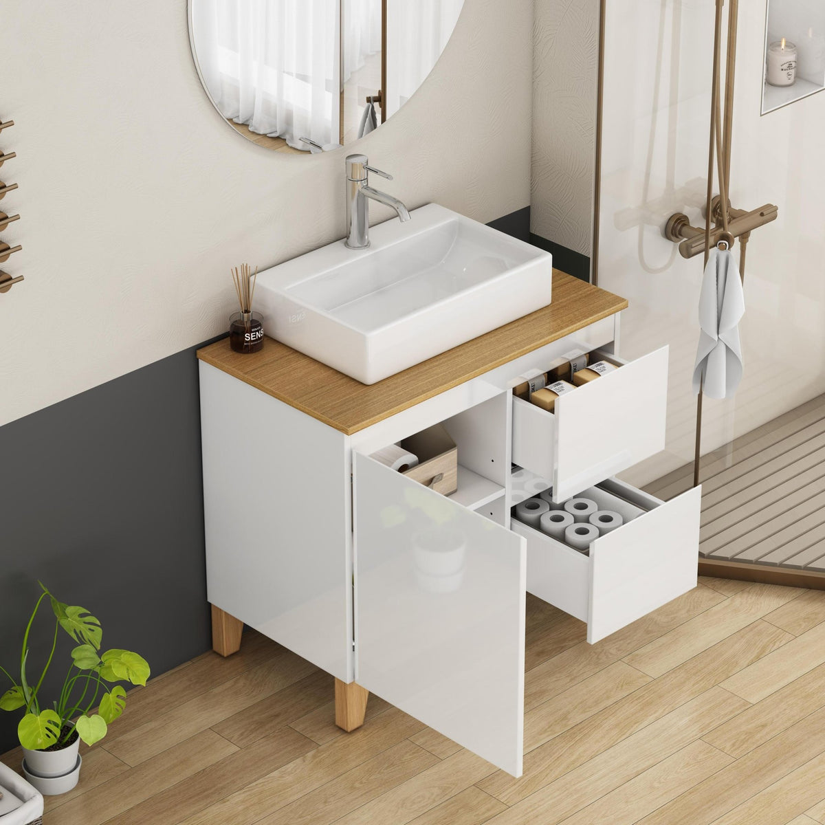 Anthony & Home Atelier solid wood bathroom vanity with sleek countertop and modern design, perfect for contemporary bathrooms.