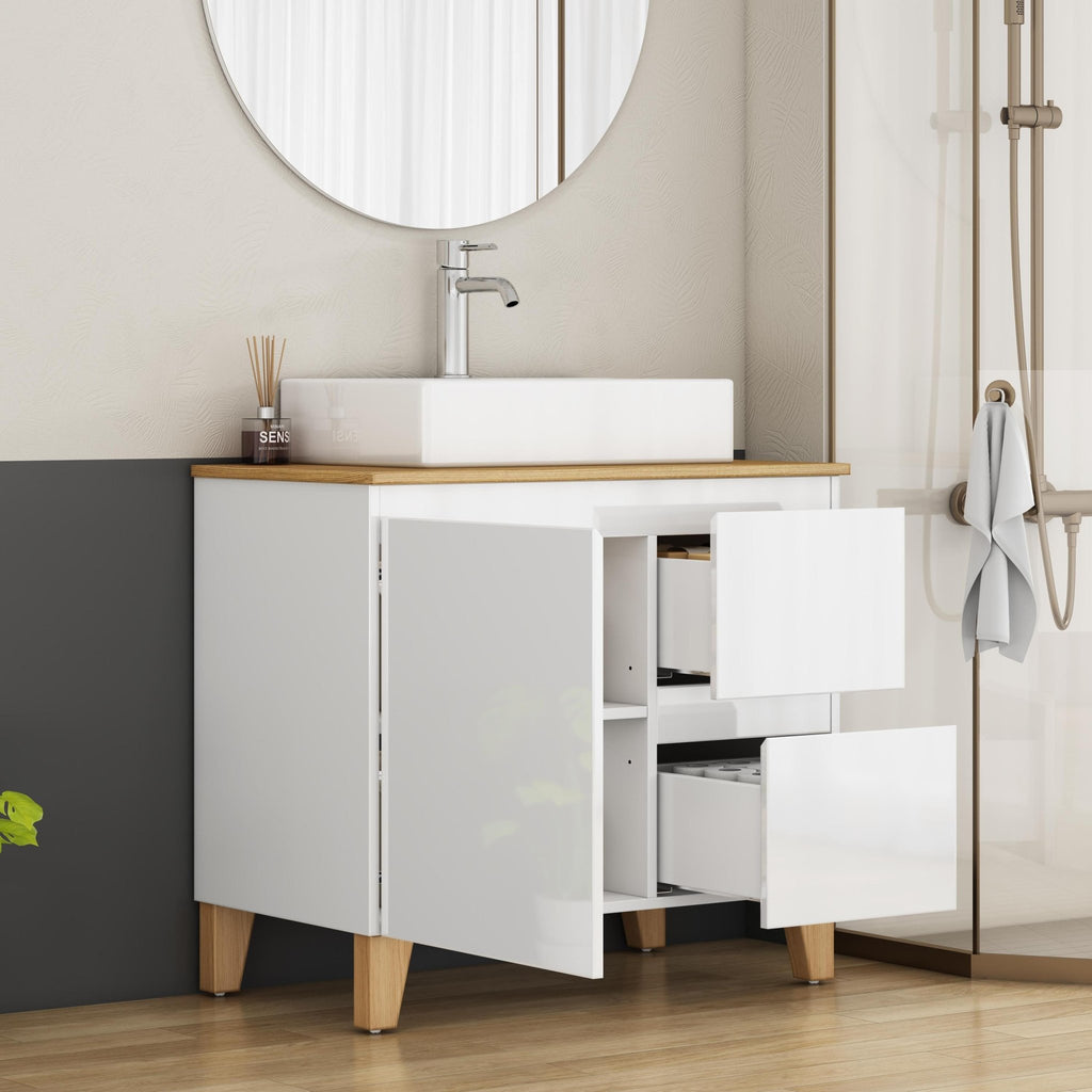 Anthony & Home Atelier solid wood bathroom vanity with sleek countertop and modern design, featuring storage drawers and a spacious sink area.