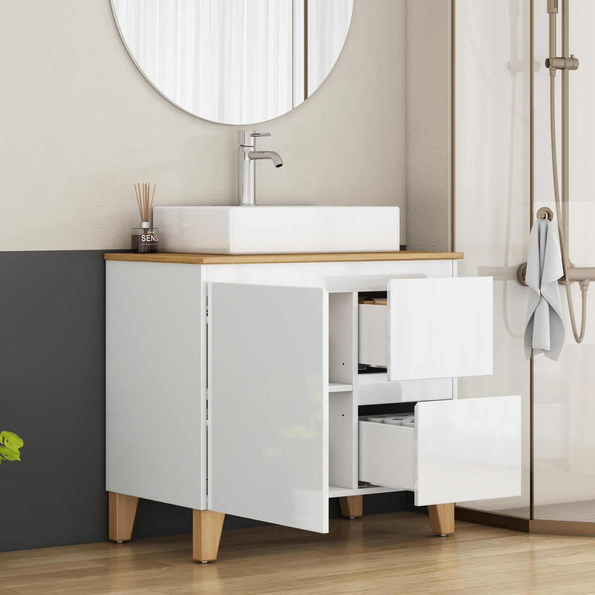 Anthony & Home Atelier solid wood bathroom vanity with sleek countertop and modern design, featuring storage drawers and a spacious sink area.