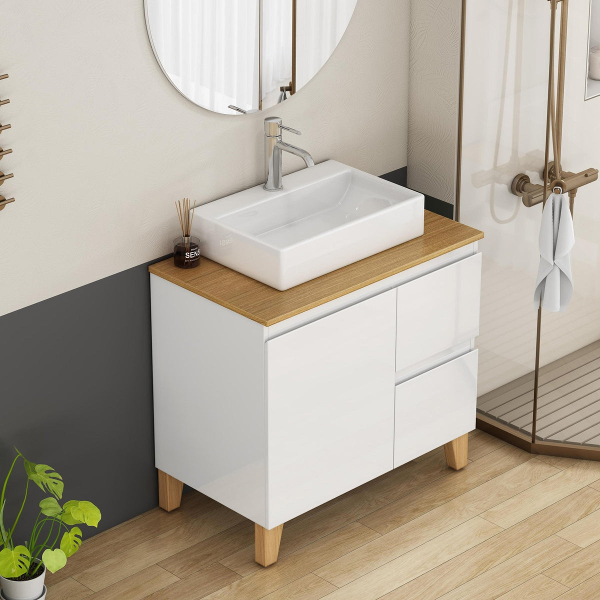 Anthony & Home Atelier solid wood bathroom vanity with sleek design and spacious countertop for modern bathroom decor.