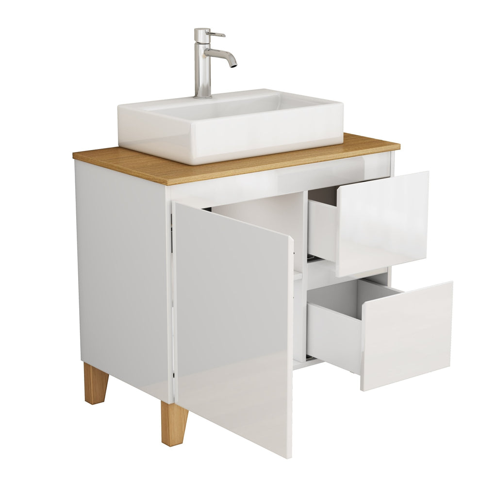 Anthony & Home Atelier solid wood bathroom vanity with sleek countertop and storage drawers, modern bathroom furniture.