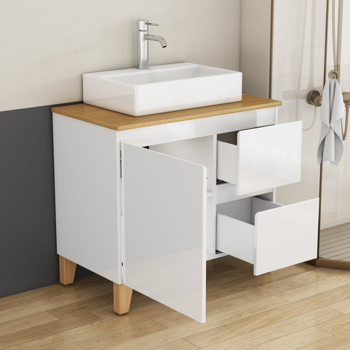 Anthony & Home Atelier solid wood bathroom vanity with sleek countertop and storage drawers, modern design for contemporary bathrooms.