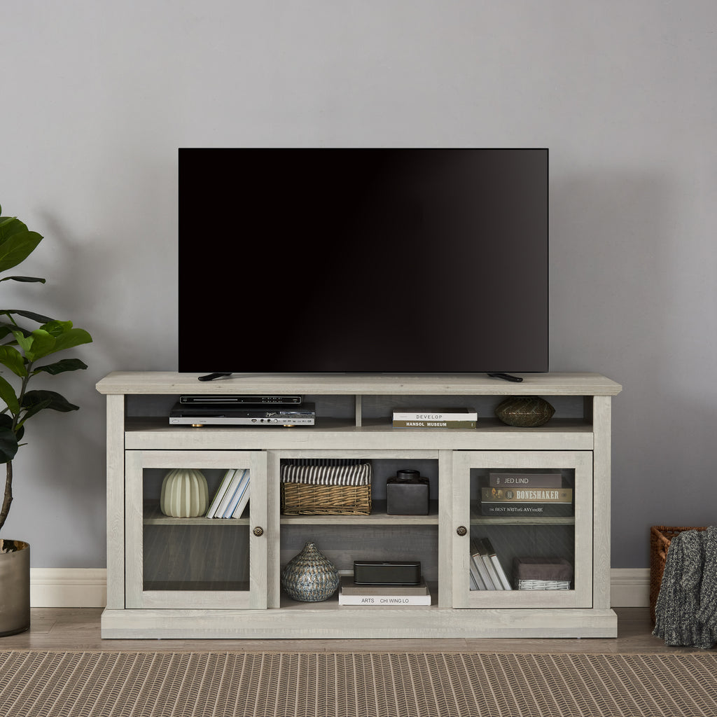 Anthony & Home Atelier Stone Gray TV console with dual storage, featuring sleek design and ample space for media devices.