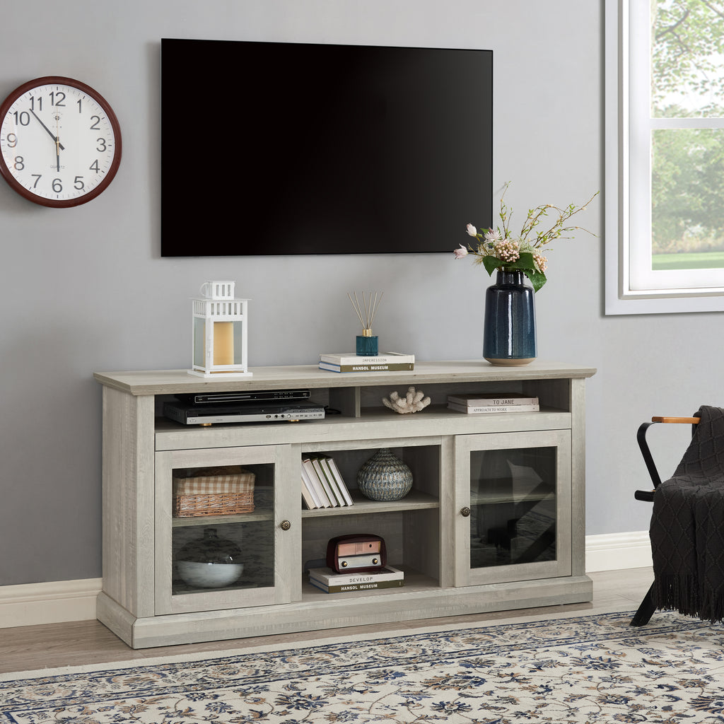 Anthony & Home Atelier Stone Gray TV console with dual storage, featuring sleek modern design and ample space for media devices.