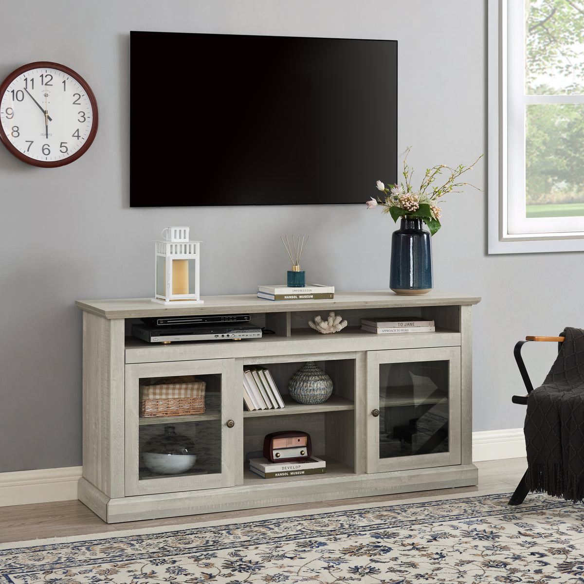 Anthony & Home Atelier Stone Gray TV console with dual storage, featuring sleek modern design and ample space for media devices.