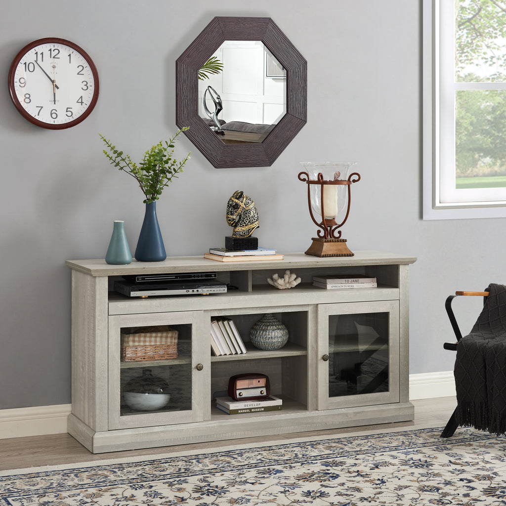 Anthony & Home Atelier Stone Gray television console with dual storage, featuring sleek design and ample space for media devices.