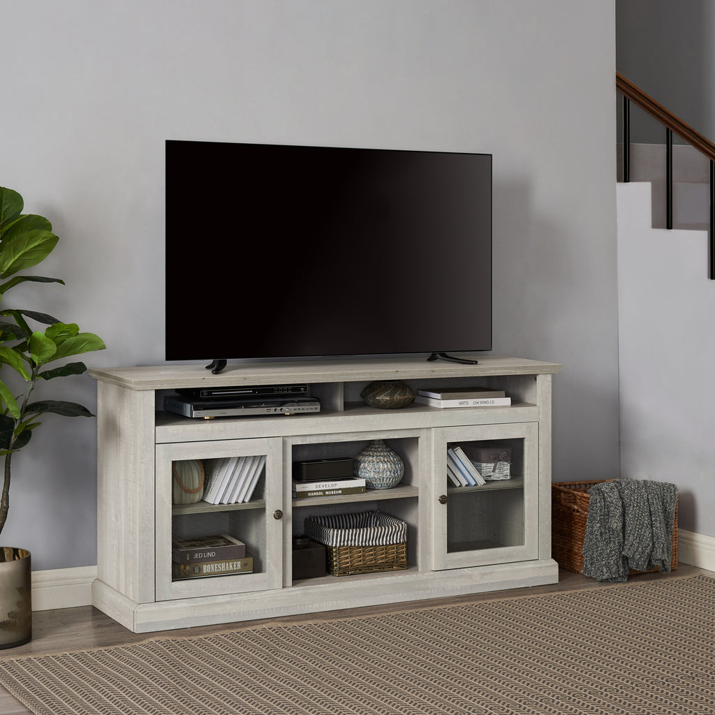 Anthony & Home Atelier Stone Gray television console with dual storage, featuring a sleek modern design and spacious compartments.