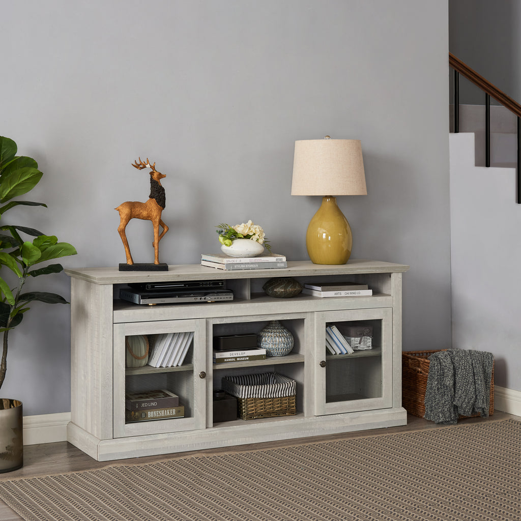 Anthony & Home Atelier Stone Gray TV console with dual storage, showcasing a modern design and spacious compartments for media devices.