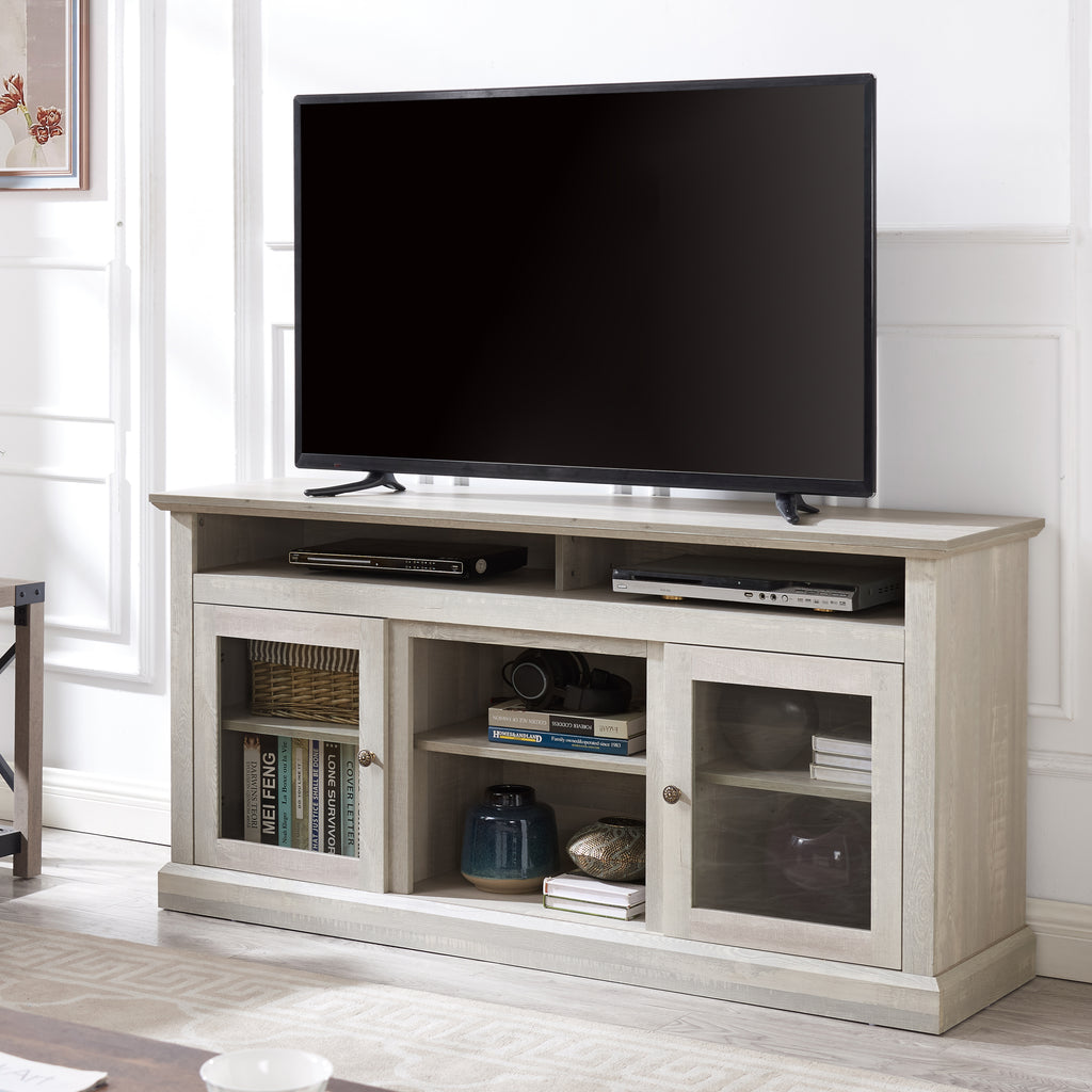 Anthony & Home Atelier Stone Gray television console with dual storage, featuring sleek modern design and ample space for media devices.