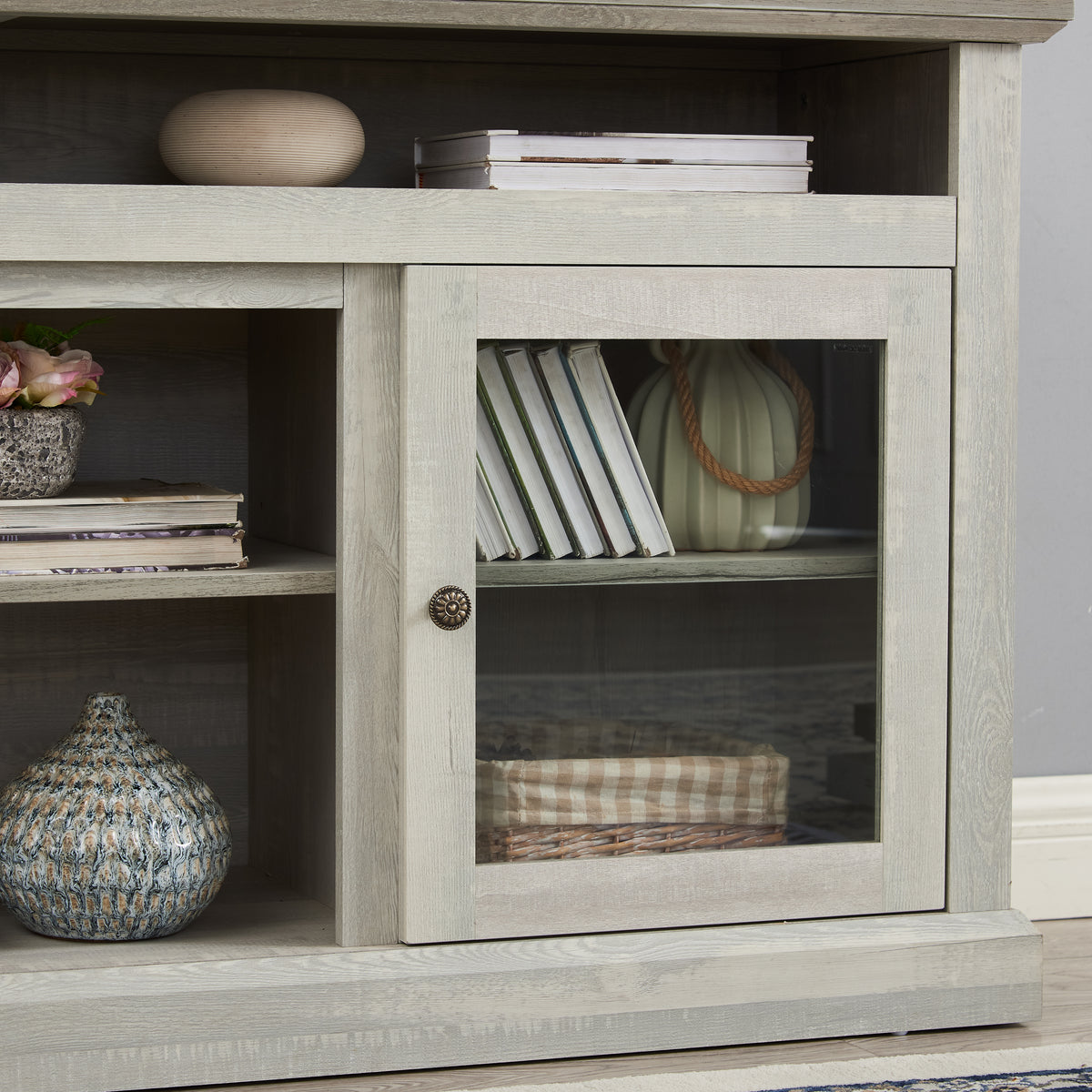 Anthony & Home Atelier Stone Gray TV console with dual storage, featuring modern design and sleek finish for living room decor.