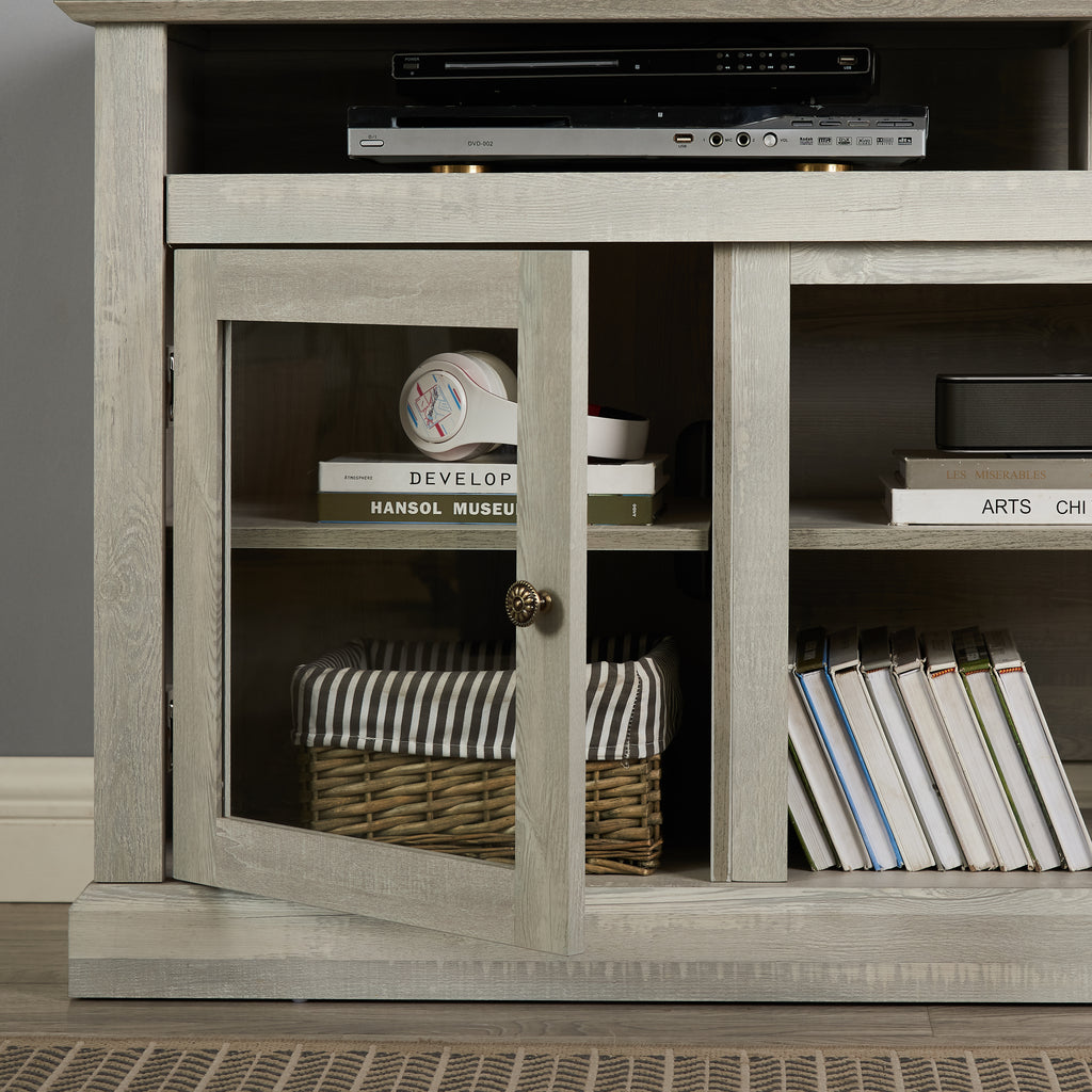 Anthony & Home Atelier Stone Gray TV console with dual storage, showcasing modern design and spacious compartments.