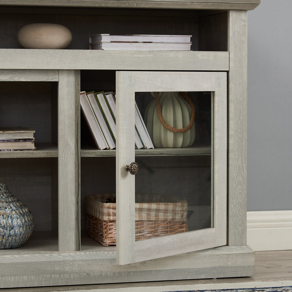 Anthony & Home Atelier Stone Gray television console with dual storage drawers and open shelving for modern living room decor.