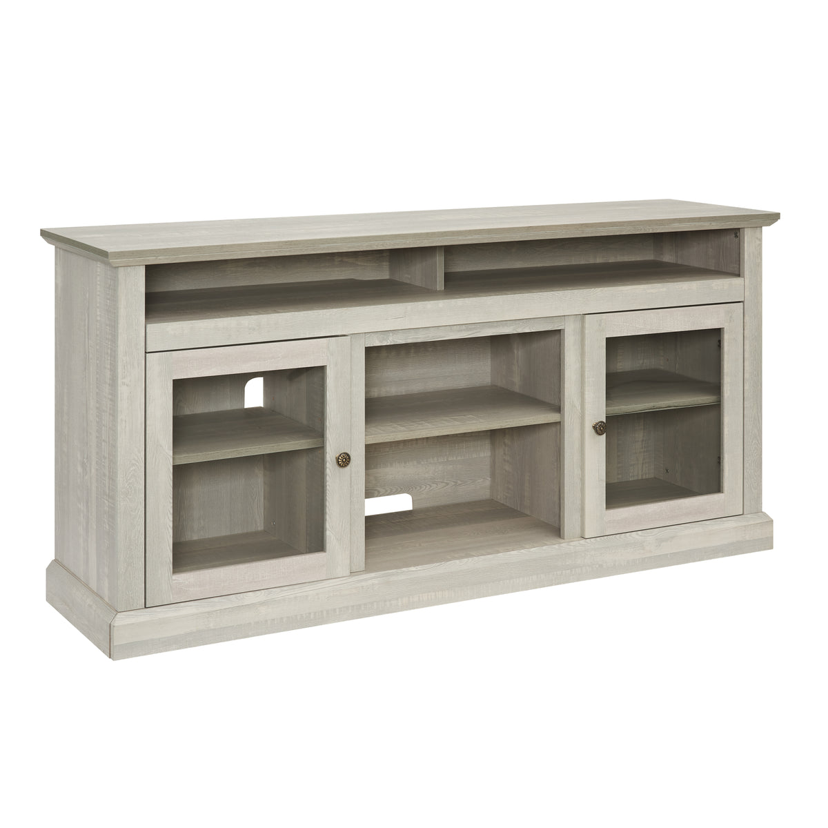 Anthony & Home Atelier Stone Gray TV console with dual storage drawers, modern design for living room entertainment setup.
