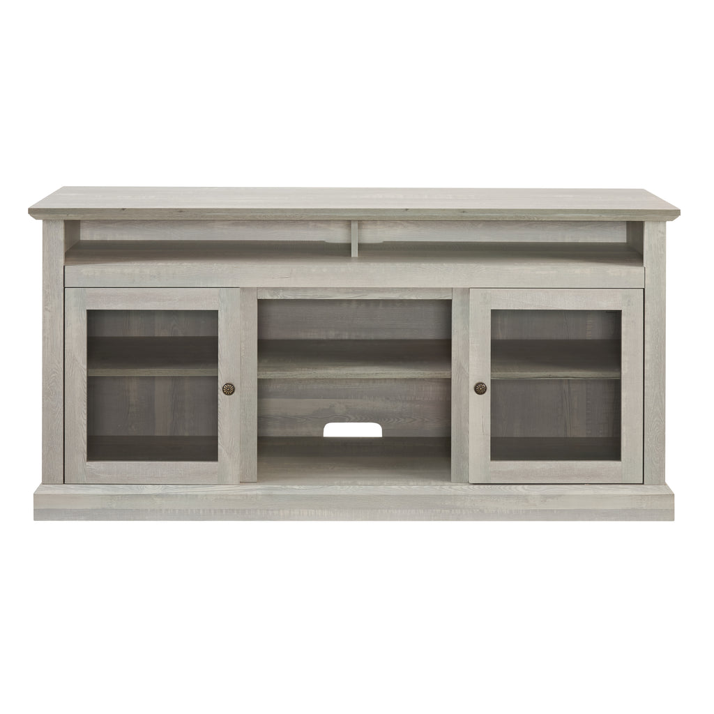 Anthony & Home Atelier Stone Gray television console with dual storage, showcasing sleek modern design and ample space.