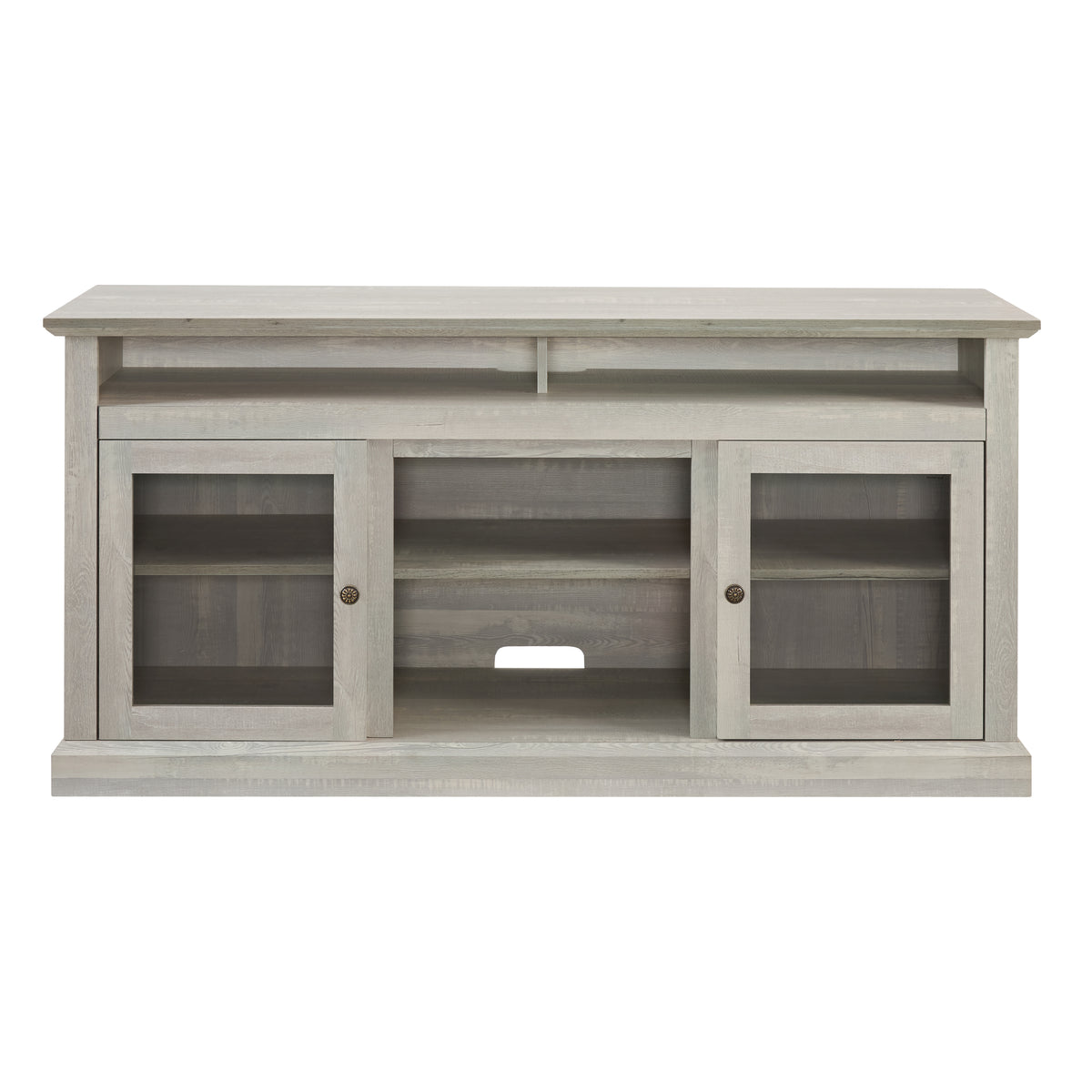 Anthony & Home Atelier Stone Gray television console with dual storage, showcasing sleek modern design and ample space.