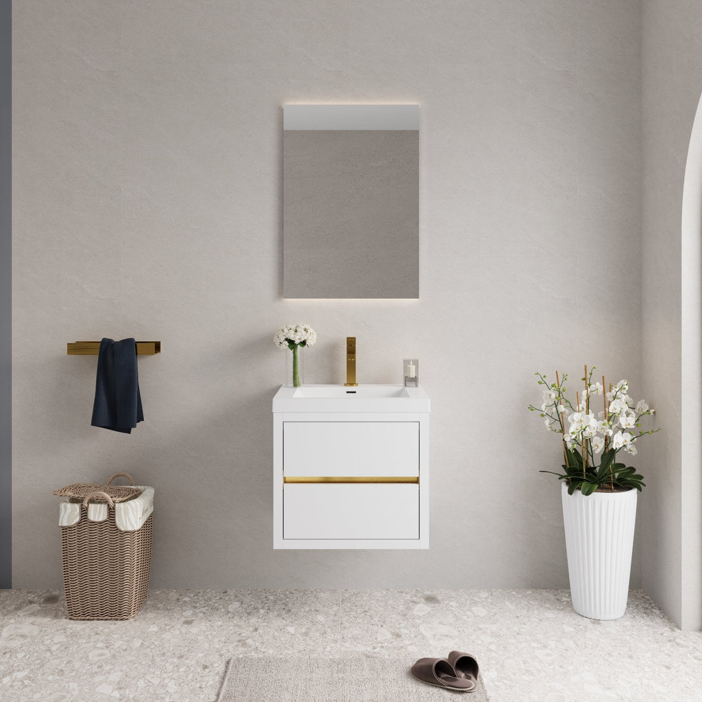 Anthony & Home Atelier stone resin wall-mounted vanity with integrated sink and soft-close drawers, showcasing modern bathroom design.