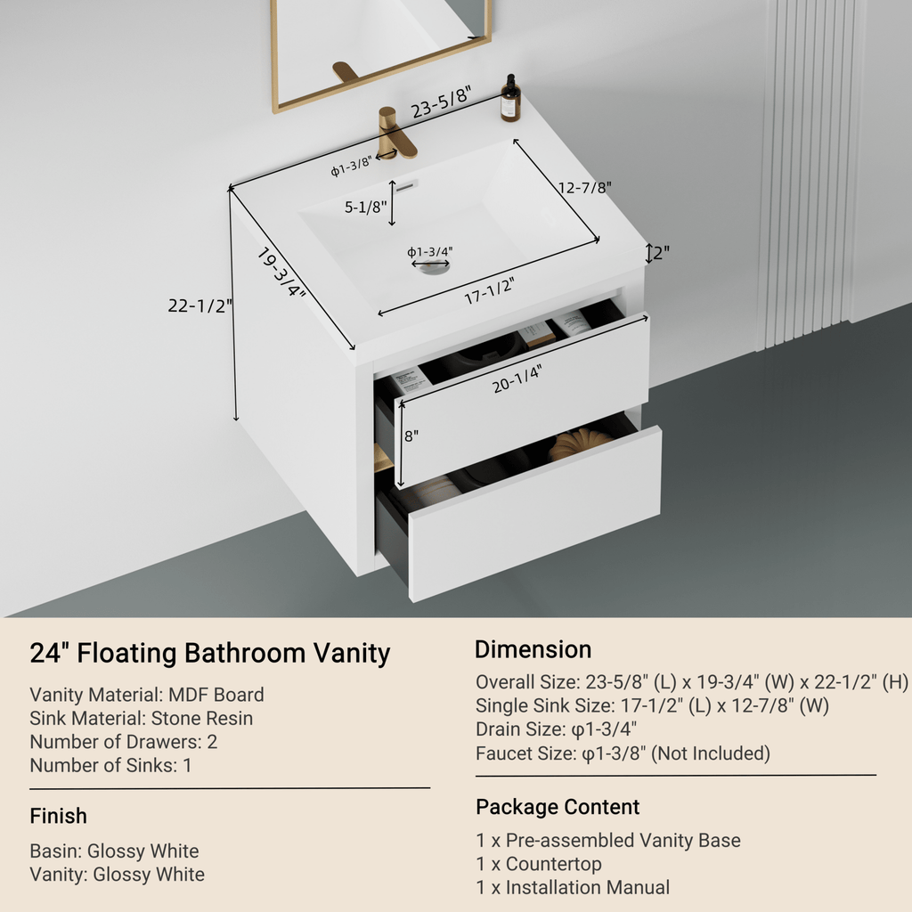 Anthony & Home Atelier stone resin wall-mounted vanity with sink and soft-close drawers, modern bathroom fixture.