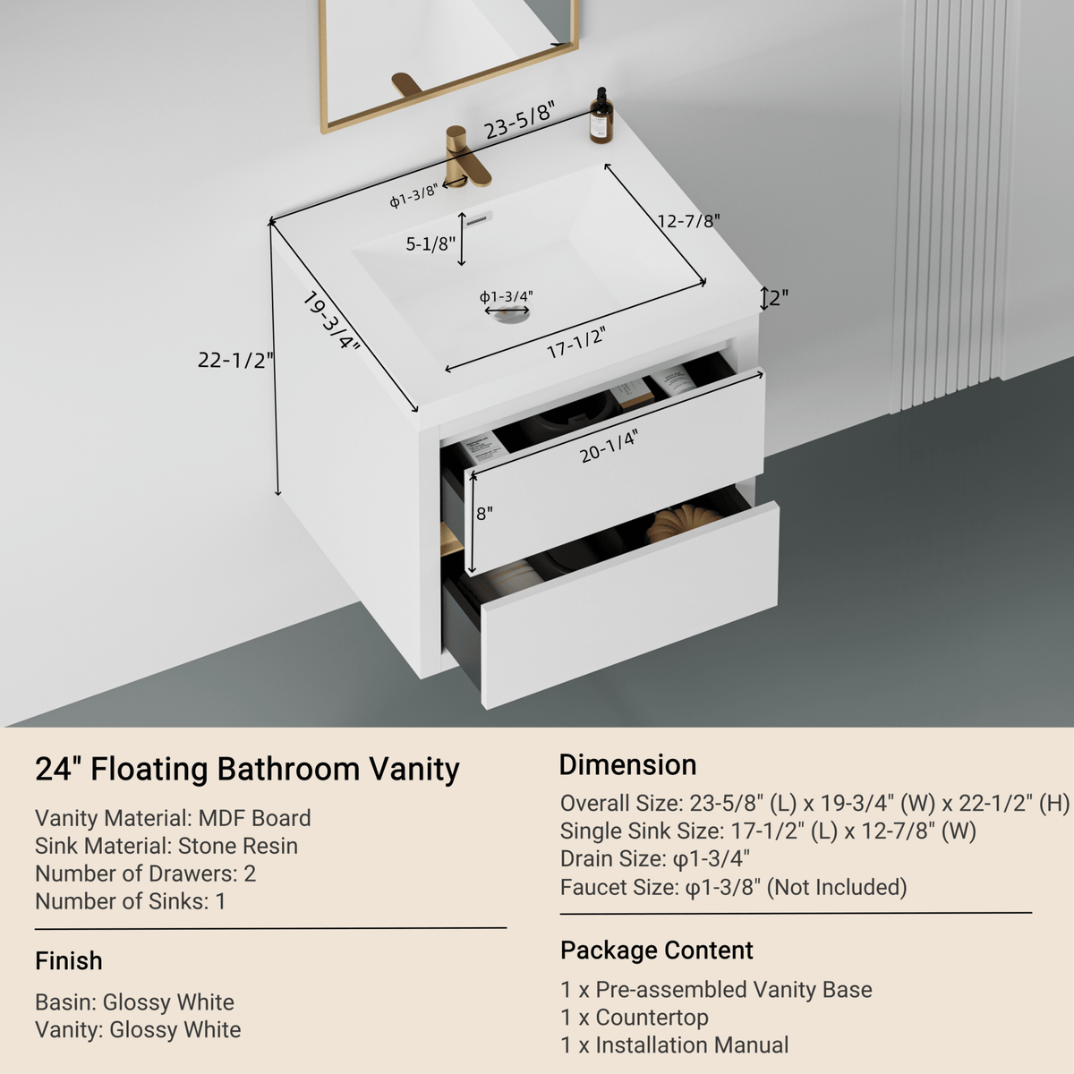 Anthony & Home Atelier stone resin wall-mounted vanity with sink and soft-close drawers, modern bathroom fixture.