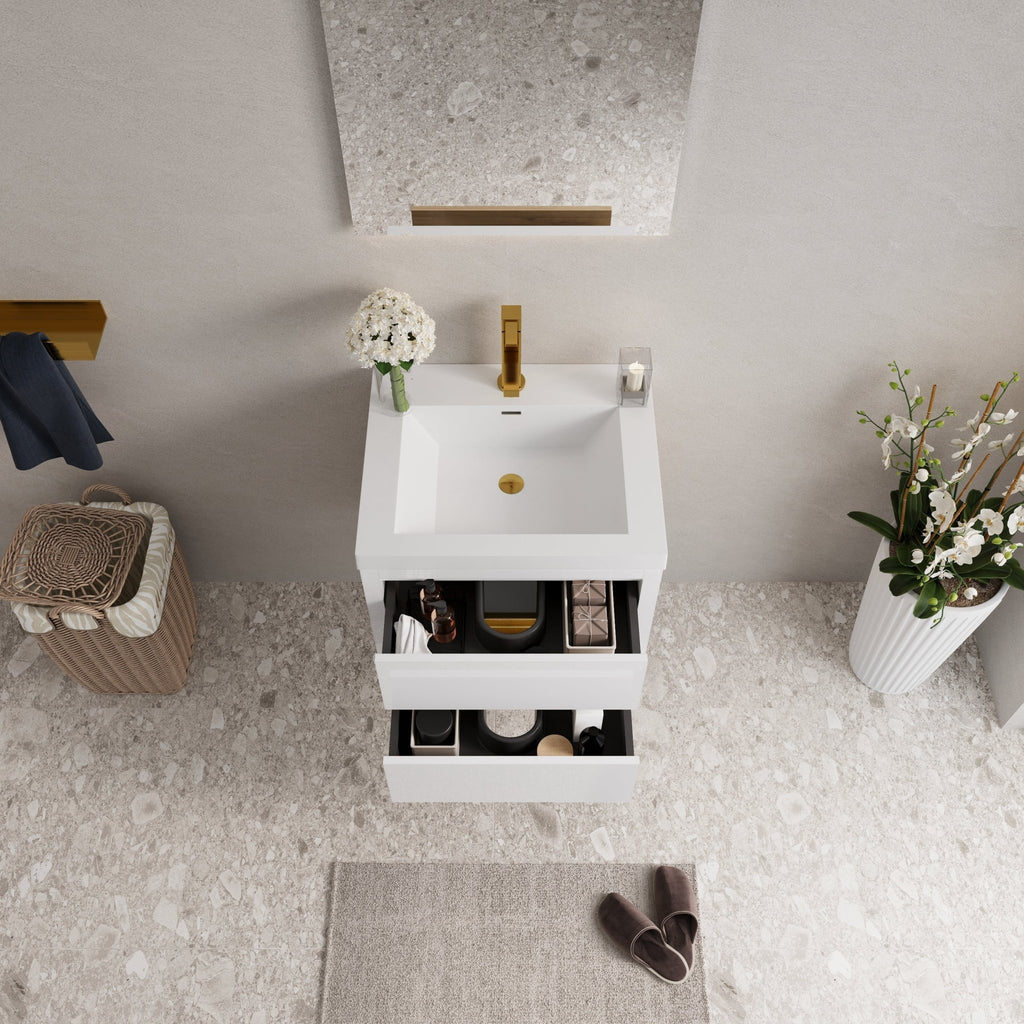 Anthony & Home Atelier Stone Resin wall-mounted vanity with sink and soft-close drawers, modern bathroom storage solution.