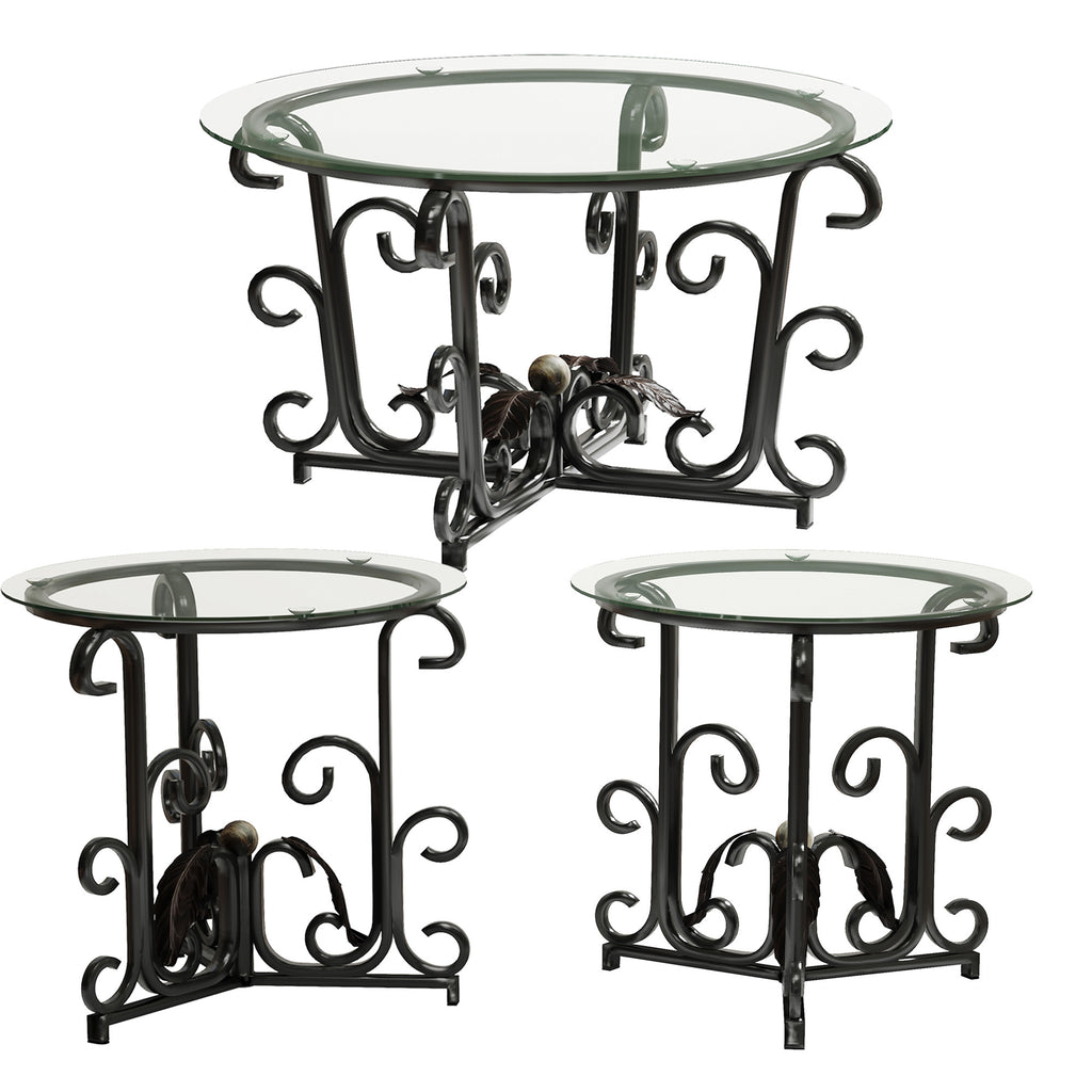 Anthony & Home three-piece coffee table set with round tempered glass tops and black metal frames, 31.5-inch diameter.