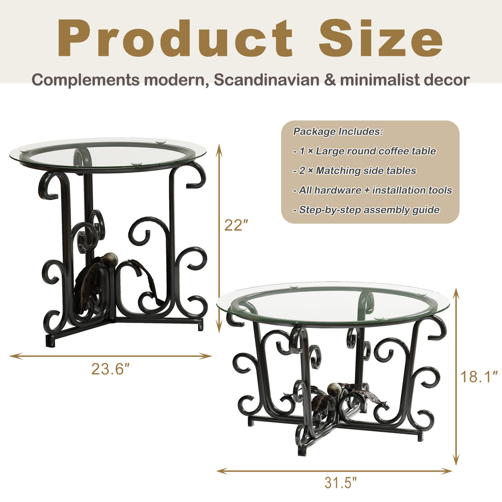 Anthony & Home three-piece coffee table set with round tempered glass tops and black metal frames, 31.5 inches diameter.