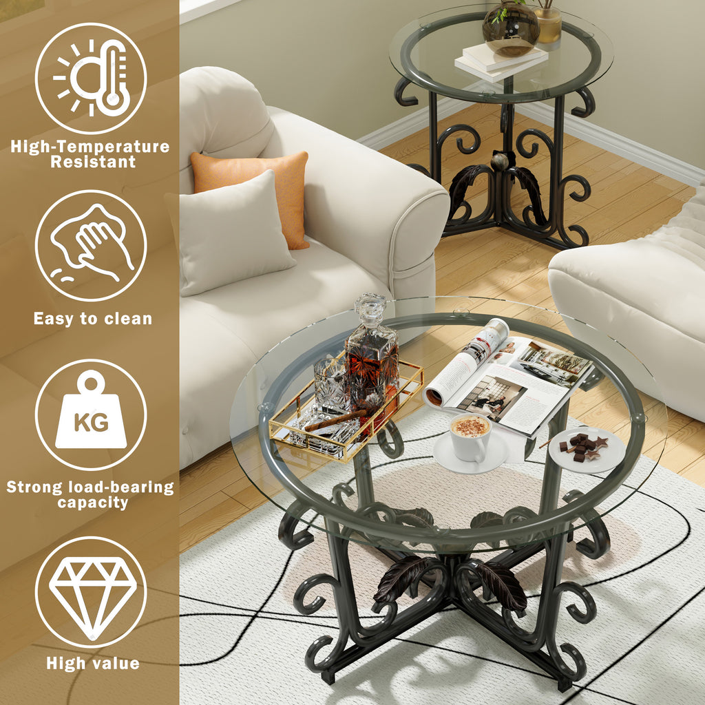 Anthony & Home three-piece coffee table set with round tempered glass tops and black metal frames