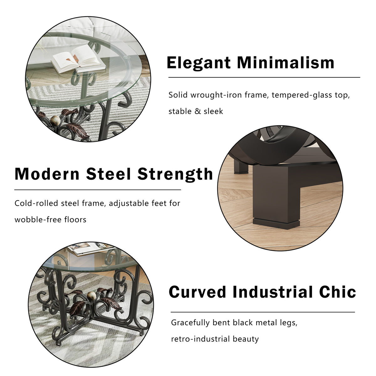Anthony & Home Atelier three-piece coffee table set with round tempered glass tops and black metal frames