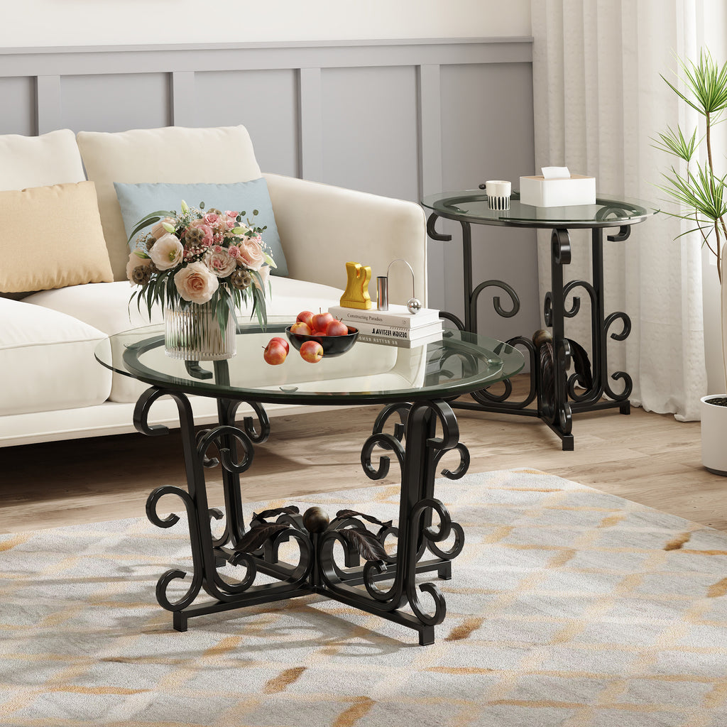 Anthony & Home Atelier three-piece coffee table set with round tempered glass tops and black metal frames, 31.5 inches diameter