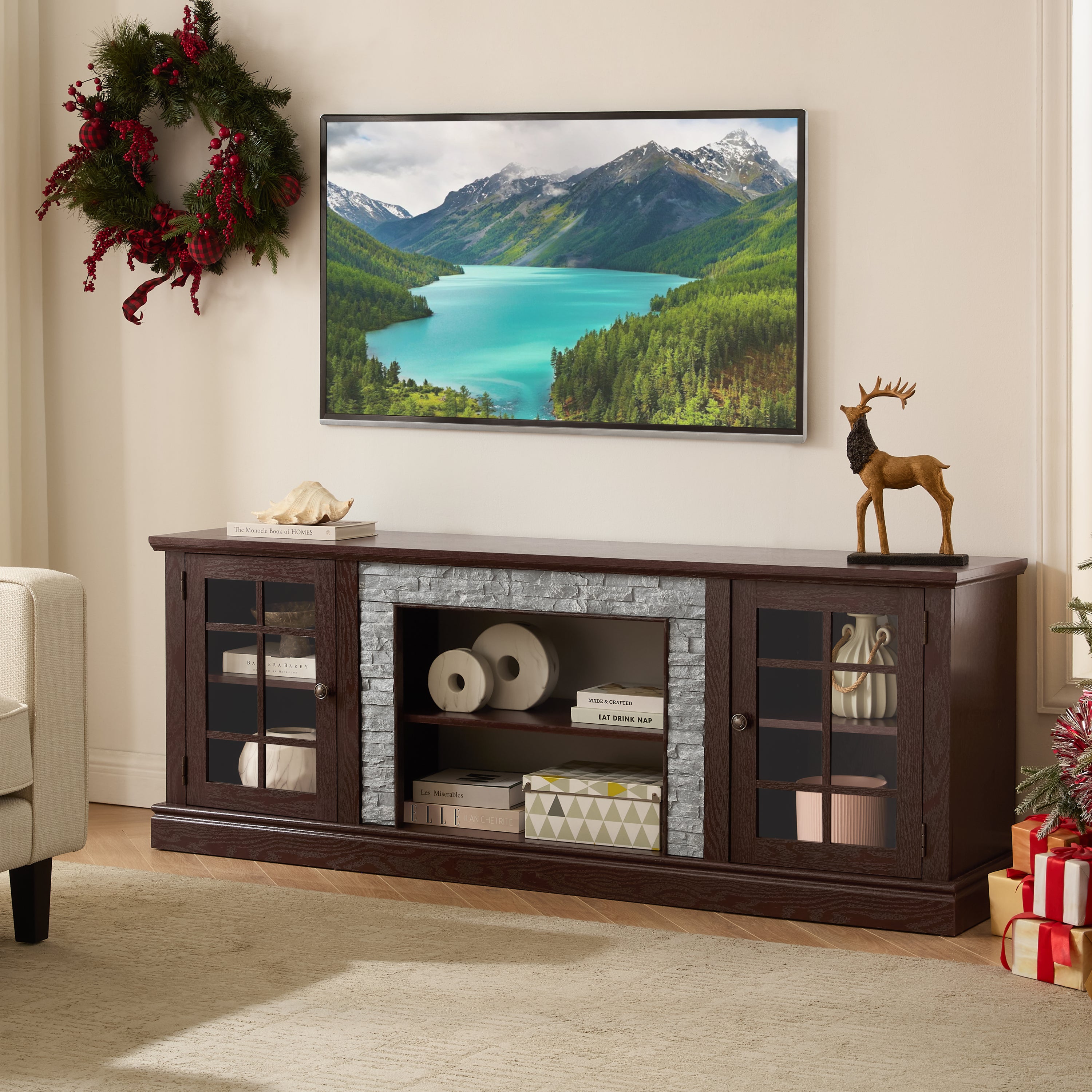 Anthony & Home Atelier TV stand with faux stone cabinet, 2-door media console, large entertainment center for modern living room.