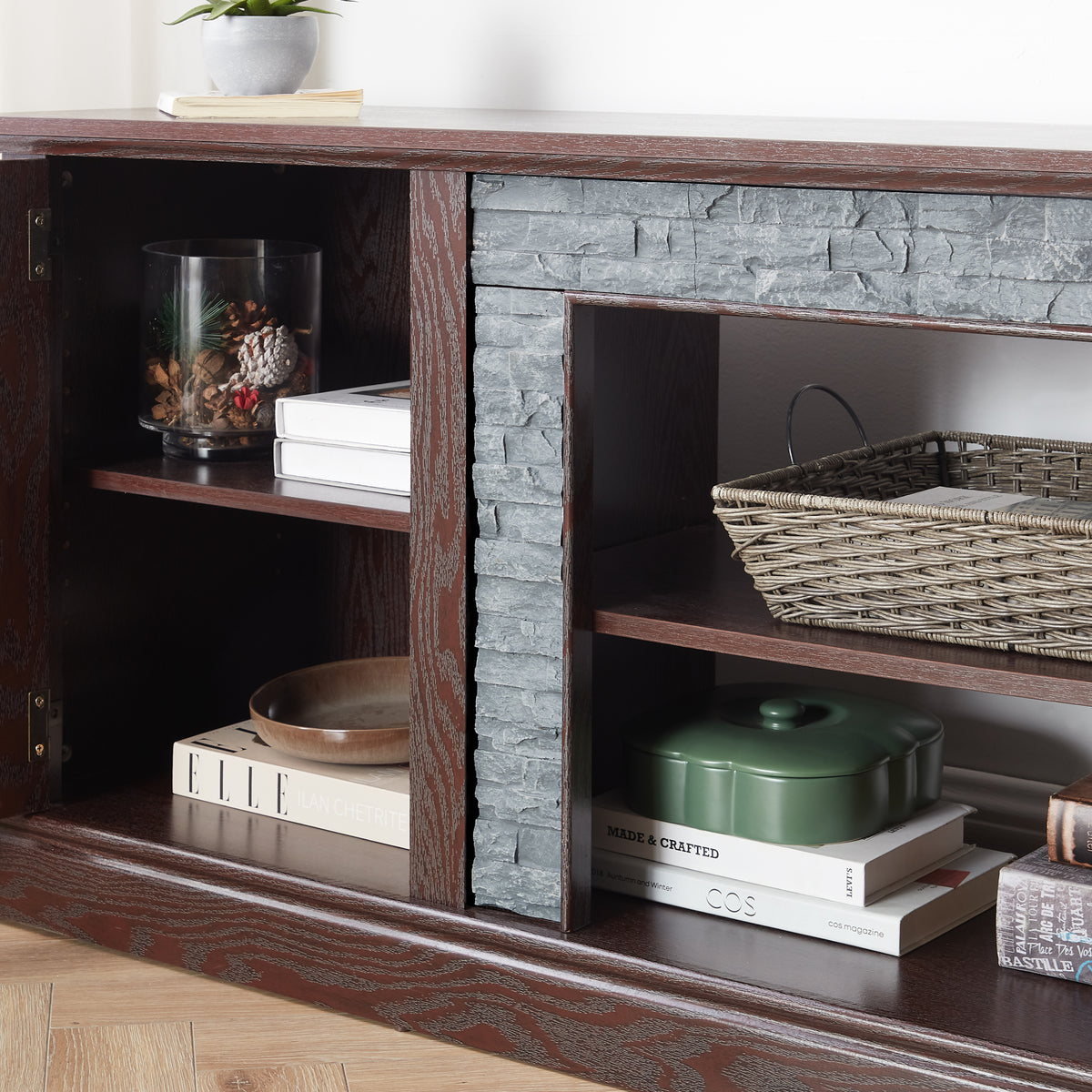 Anthony & Home Atelier TV stand with faux stone cabinet, 2-door media console, large entertainment center for living room decor.