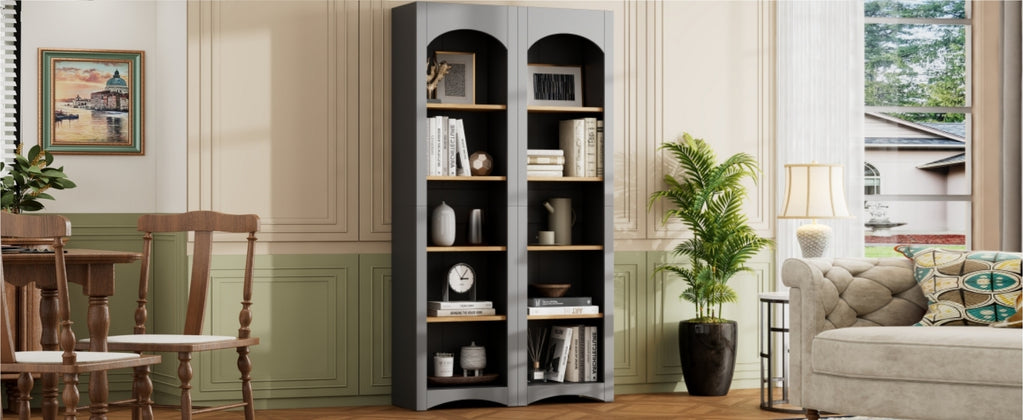 Anthony & Home Atelier two-tone farmhouse 5-tier bookcase set with open shelves and rustic wood finish, ideal for living room decor.