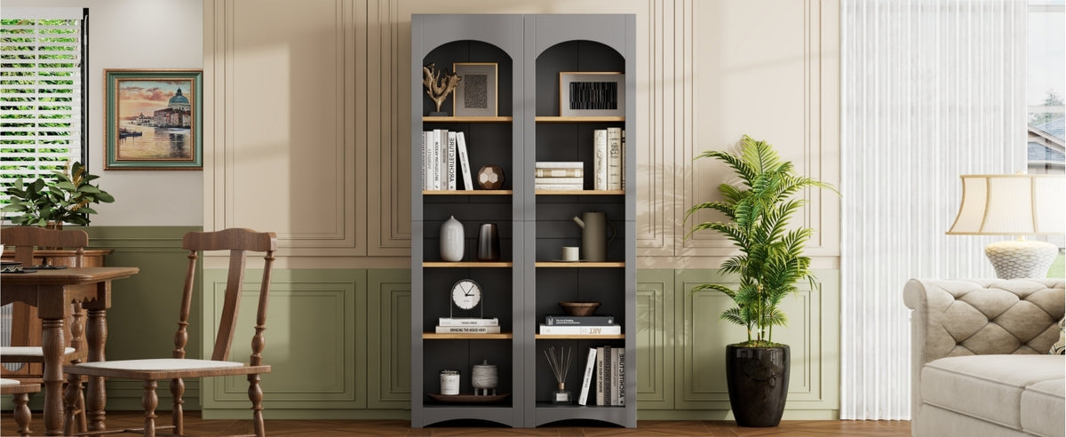 Anthony & Home Atelier two-tone farmhouse 5-tier bookcase set with open shelves and rustic finish, perfect for living rooms or offices.