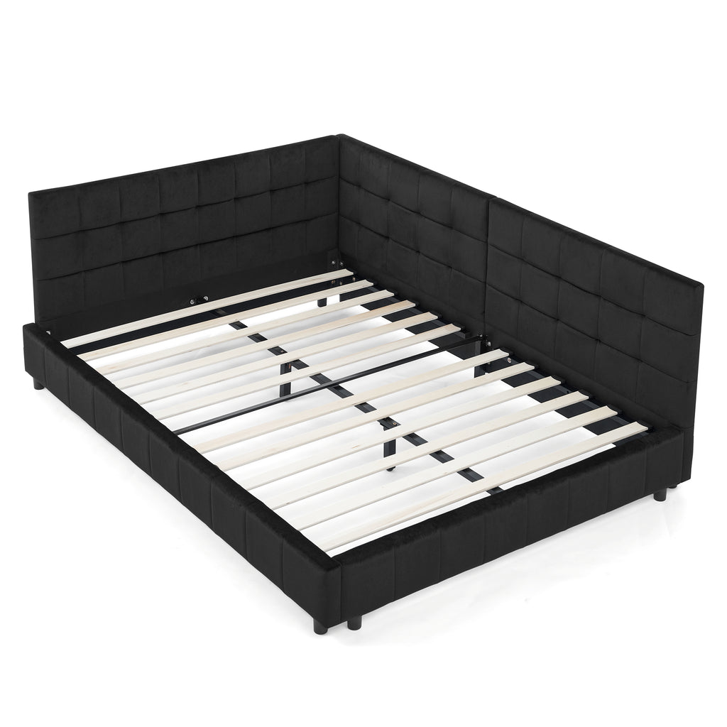 Full size black Atelier Velvet Tufted Bed Frame by Anthony & Home with padded headboard and elegant tufted design.