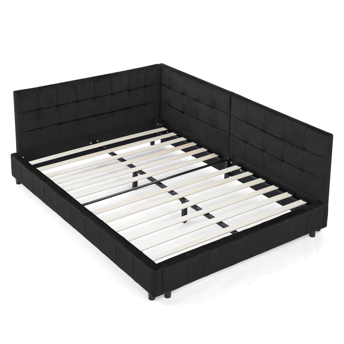 Full size black Atelier Velvet Tufted Bed Frame by Anthony & Home with padded headboard and elegant tufted design.