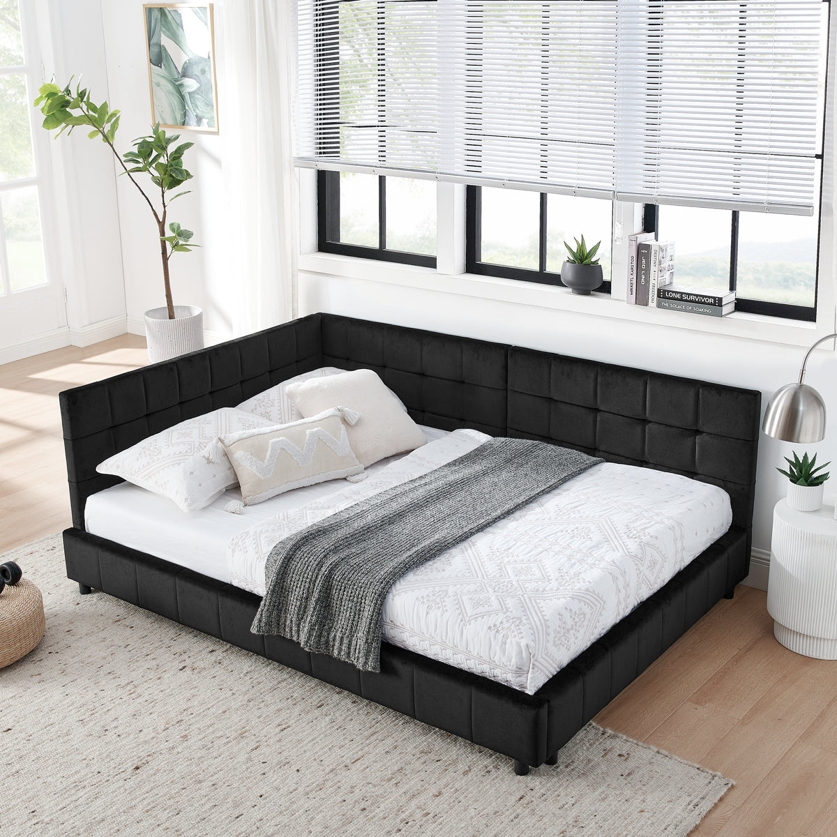 Full-size black Atelier Velvet Tufted Bed Frame by Anthony & Home, featuring a plush velvet upholstery and tufted headboard.