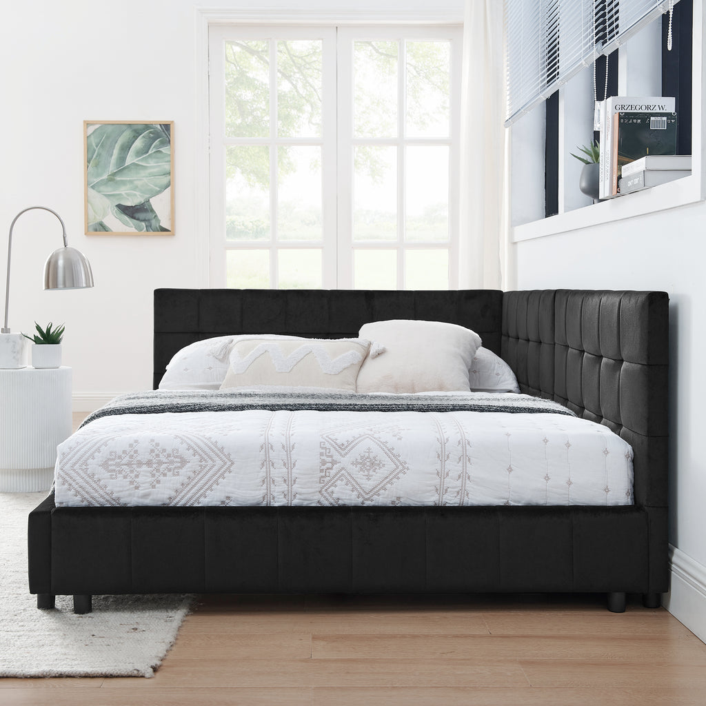 Full-size black Atelier Velvet Tufted Bed Frame by Anthony & Home with plush velvet upholstery and tufted headboard.