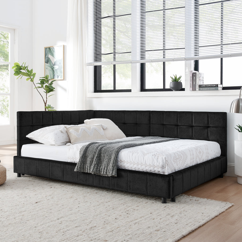 Full size black Atelier Velvet Tufted Bed Frame by Anthony & Home, showcasing its elegant upholstered headboard and sleek design.