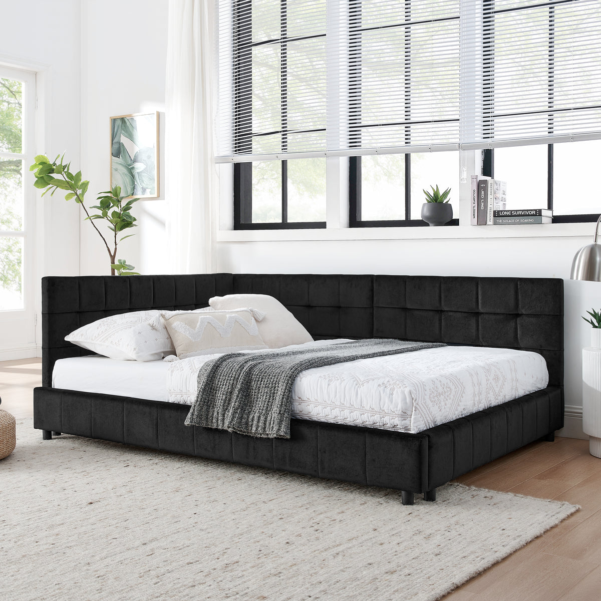 Full size black Atelier Velvet Tufted Bed Frame by Anthony & Home, showcasing its elegant upholstered headboard and sleek design.