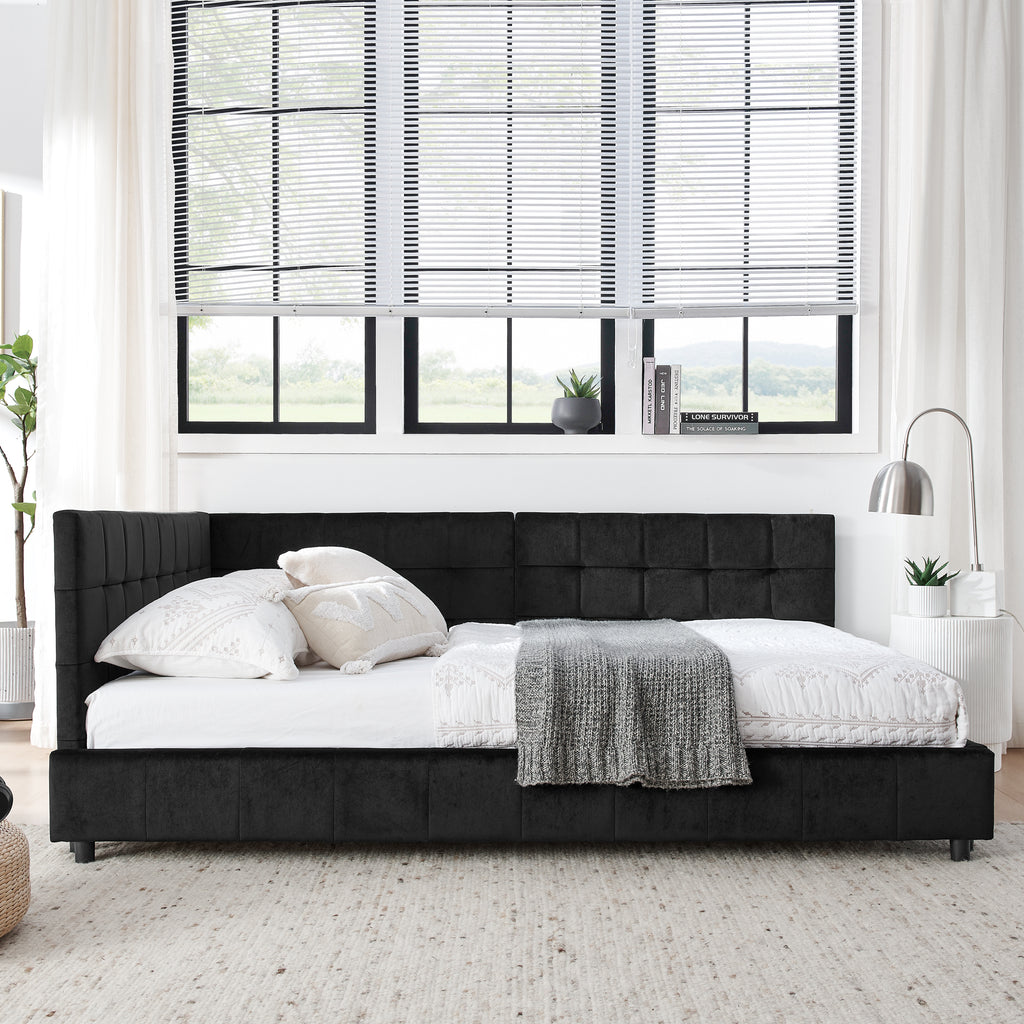 Black Atelier velvet tufted full-size bed frame by Anthony & Home with padded headboard and elegant tufted design.