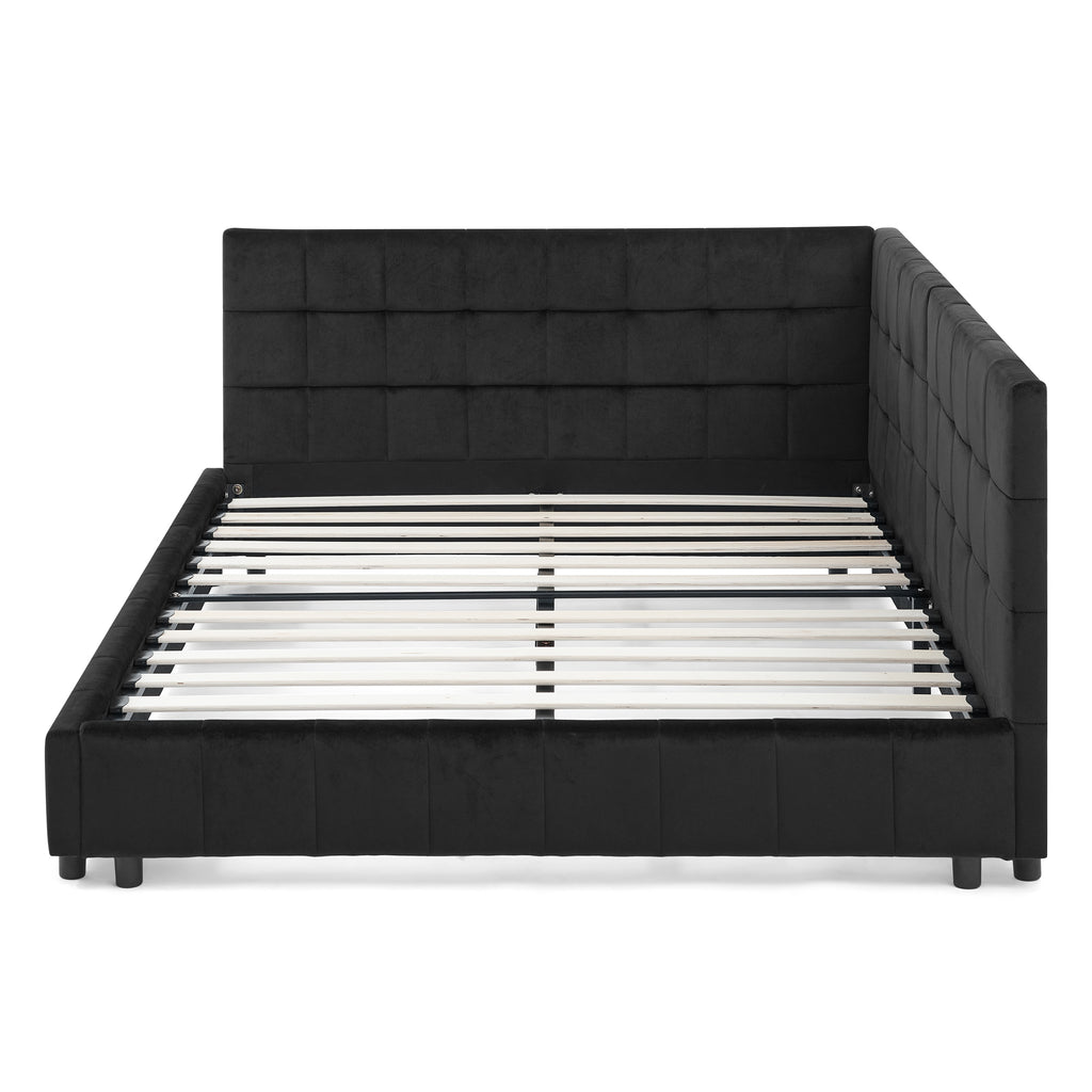 Black Atelier Velvet Tufted Full Size Bed Frame by Anthony & Home with padded headboard and elegant tufted design.