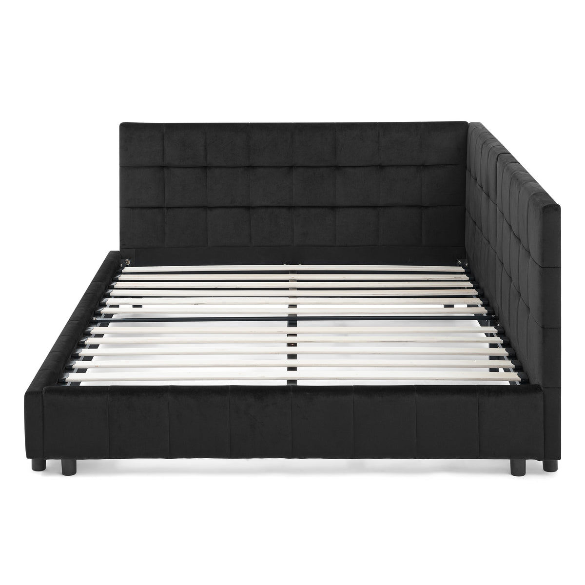 Black Atelier Velvet Tufted Full Size Bed Frame by Anthony & Home with padded headboard and elegant tufted design.