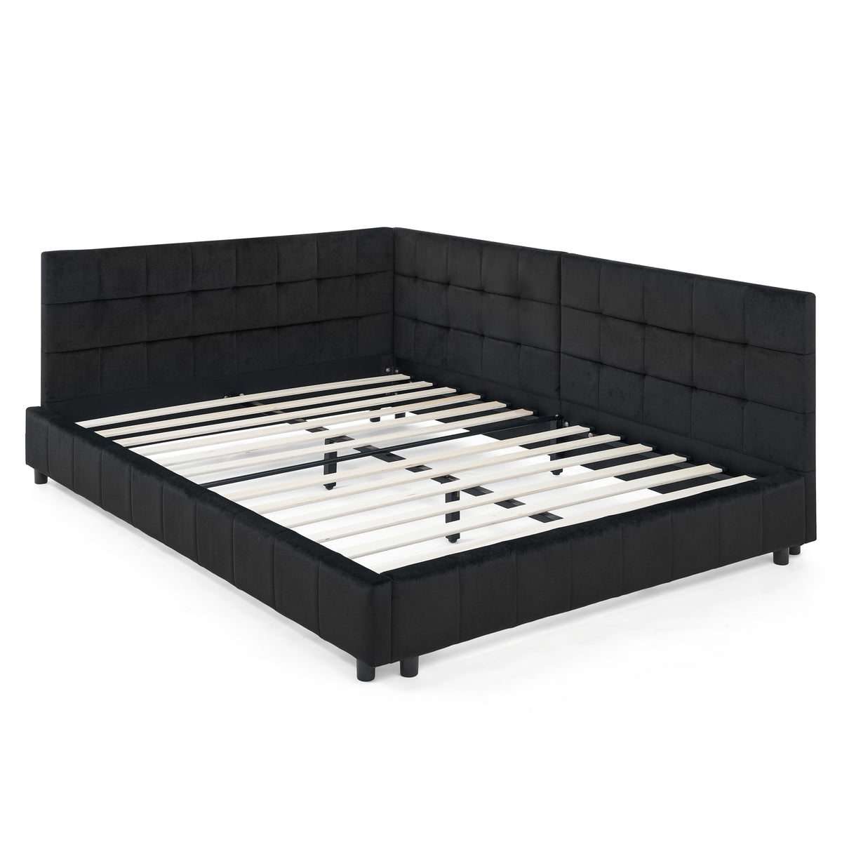 Full-size black Atelier Velvet Tufted Bed Frame by Anthony & Home with plush velvet upholstery and tufted headboard.