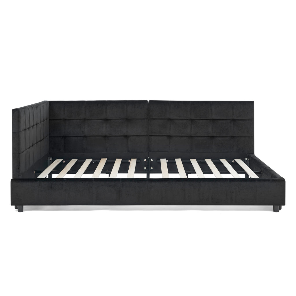 Full-size black Atelier Velvet Tufted Bed Frame by Anthony & Home with plush upholstered headboard and tufted detailing.